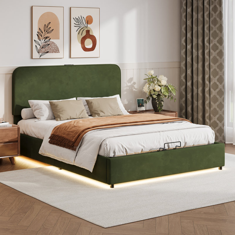 Lit de rangement hydraulique Ineva, lit de rangement relevable avec lumière DEL RVB, haut-parleur Bluetooth, aucun sommier nécessaire