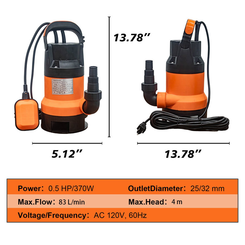0.5 HP Submersible Utility Pump with Automatic Float Switch for Pool, Pond & Basement Drainage