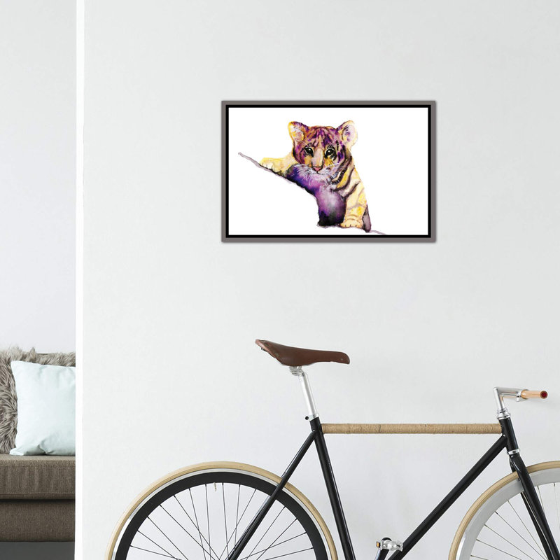 Art little tiger, H 40 po x l 60 po x P 1,5 po, Toile encadrée de bois rustique foncé