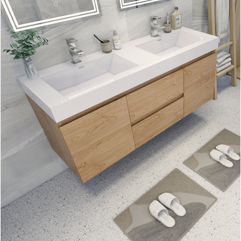 Hartt 59'' Double Bathroom Vanity with Wood, Acrylic Top, New England Oak