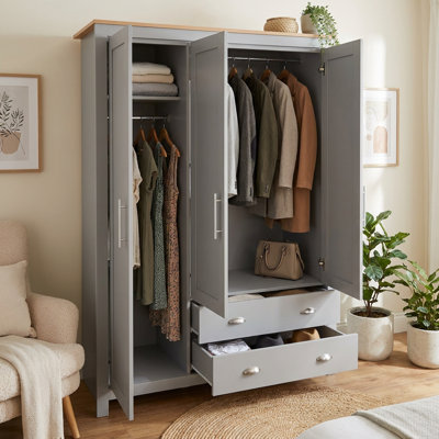 Armoire-penderie moderne transitionnelle de 172 cm (67,9 po) à 3 portes avec 2 tringles, 2 tiroirs et étagères pour chambre à coucher, grise