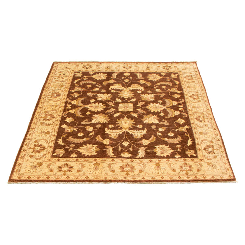 Tapis décoratif en laine de conception unique 6 pi 6 po x 8 pi 1 po noué à la main New Age en brun/beige