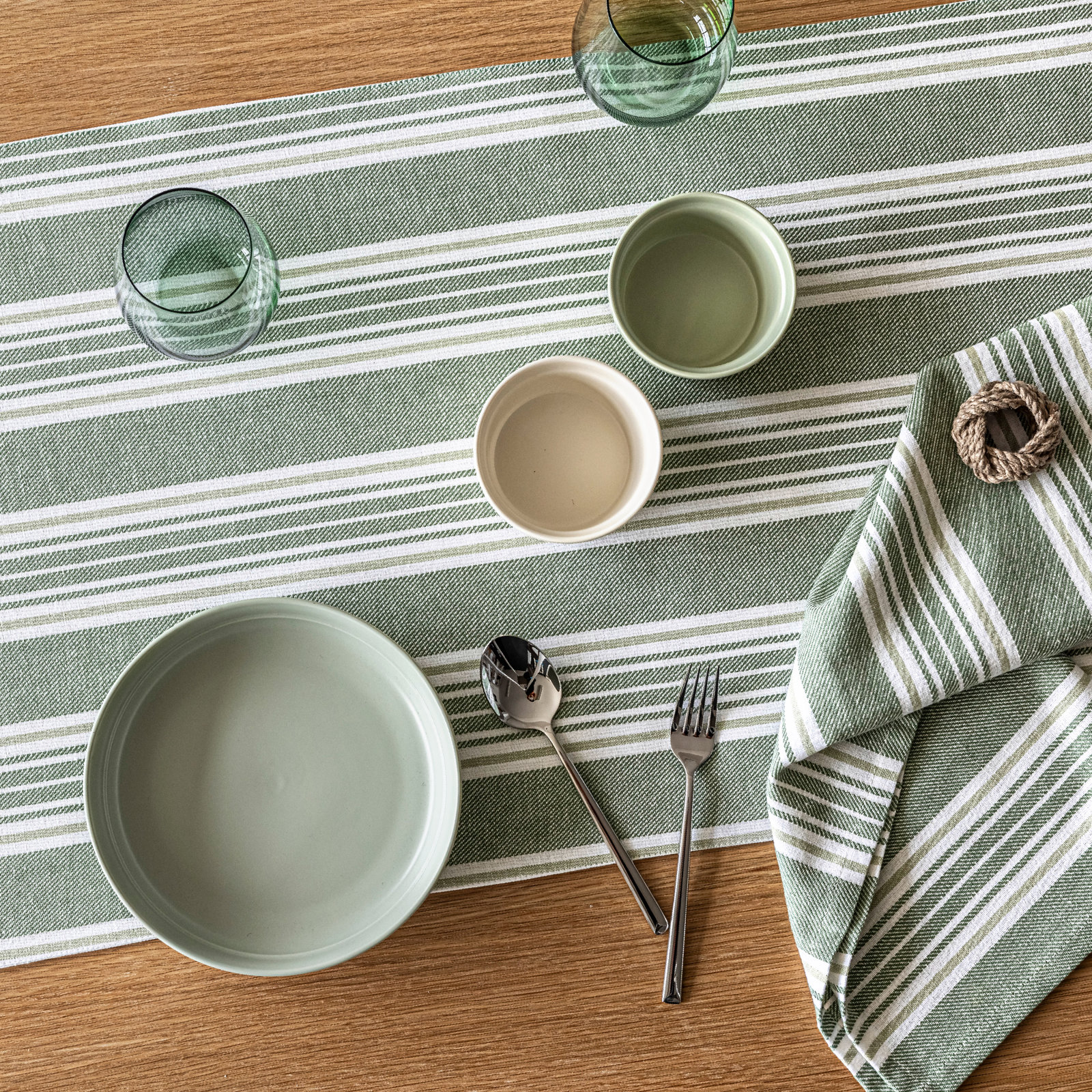over&back Woven Striped Table Runner, 18" W x 90" L, White/Green