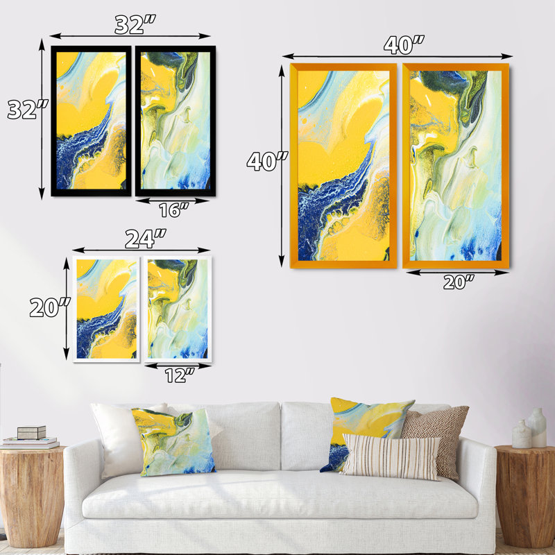Art mural abstrait jaune et bleu - ensemble de 2 toiles murales, H 32 po x l 32 po x P 1 po, Cadre photo noir