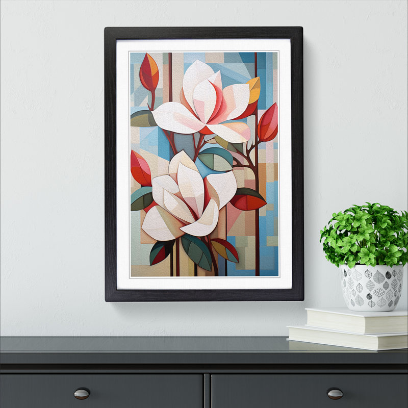 Magnolia Flower Cubism - Single Picture Frame Print on Wood, 46cm H x 34cm W x 2cm D, Black Framed