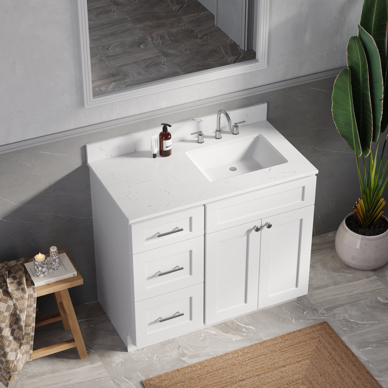 Meuble-lavabo simple 40 po avec plateau en quartz Disar, Blanc, Oui
