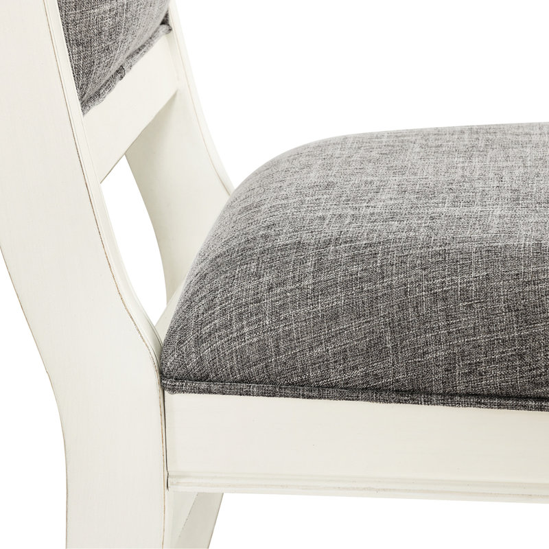 Chaises de salle à manger blanc antique (de 2) - sièges rembourrés gris, rembourrage en mousse, pieds en bois massif, finition vieillie, dossier haut confortable et élégant