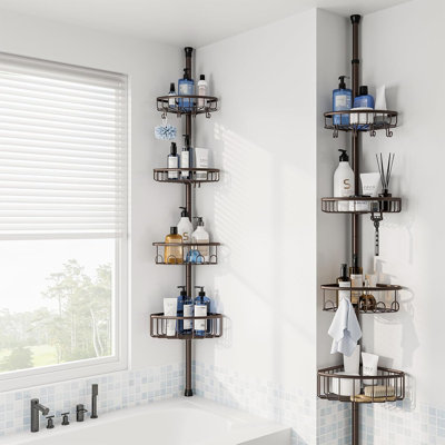 Poteau de tension pour chariot de douche en coin en acier inoxydable - Organisateur de salle de bain réglable à 4 niveaux avec barre à serviettes et crochets, tablettes de douche antirouille pour rangement de baignoire, hauteur de 47 à 121 pouces