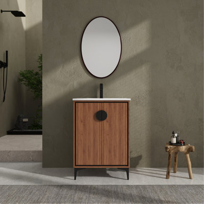 24'' Bathroom Vanity With Drop-In Sink, Modern Storage Cabinet. Engineered Wood, Resistance, Ample Space. Easy To Clean. Brown, American Design Top -, Assembly And Maintenance.