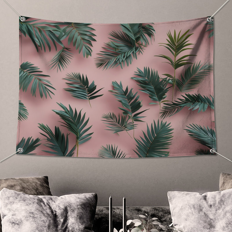 Tapisserie murale feuilles vertes de palmier - Décoration murale tropicale, H 50 po x l 60 po avec 4 œillets