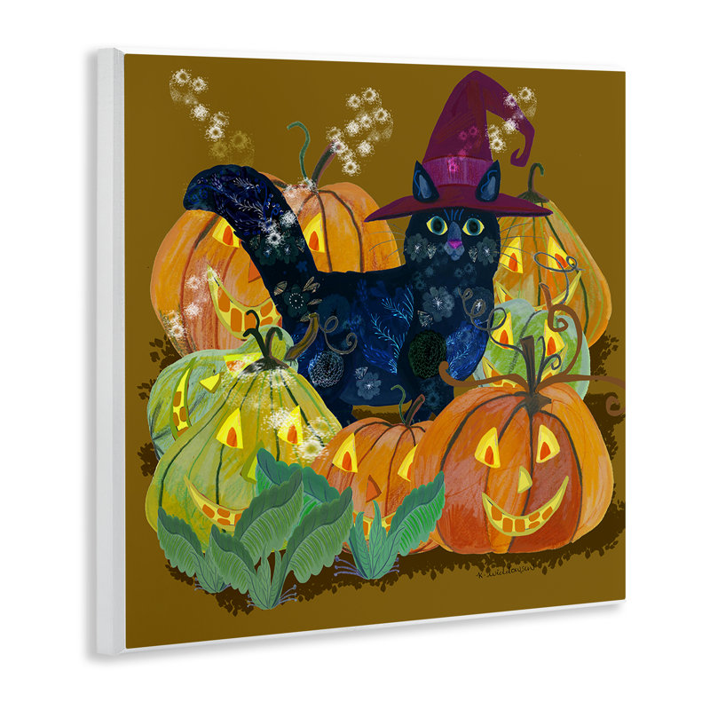 Chat avec plaque murale Jack-o-Lanterns, design par Kay Widdowson