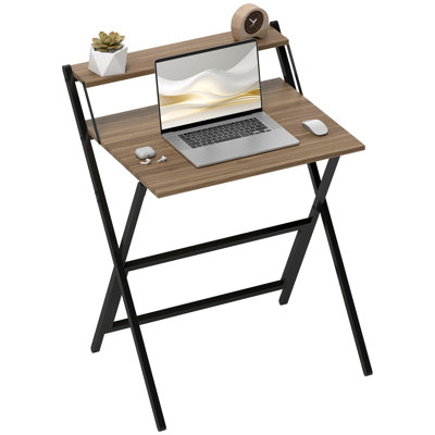 Small Folding Desk, 27.6 Inch Foldable Computer Desk with Monitor Shelf, Space Saving Portable Writing Table for Small Spaces, Home Office, Study, Easy Assembly
