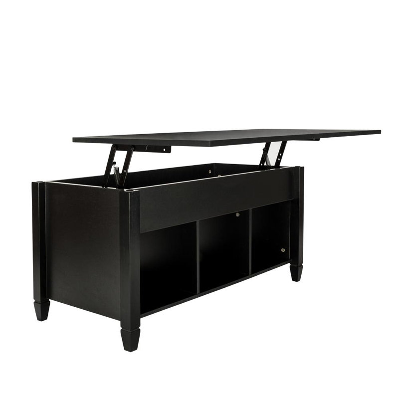 Black 39.96in Rectangular P2 Board Liftable Double-Layer Solid Wood Leg Coffee Table, Black, Black