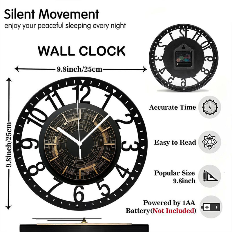 Horloge murale ronde en fer 10 po avec mouvement à quartz silencieux, chiffres arabes, impression UV, Doré