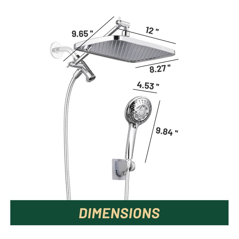 Pomme de douche réglable double réglable à haute pression 12 po avec douchette à 8 jets, Chrome