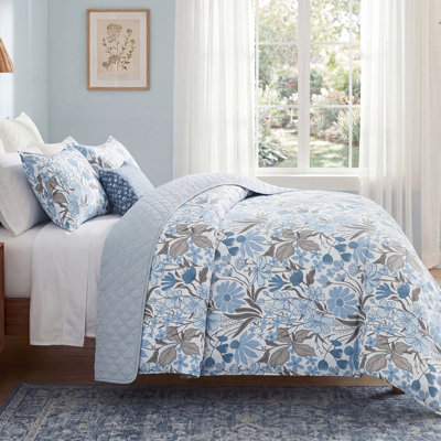 100% Cotton Comforter Set King Size Blue Floral Bedding Set Flower Botanical Print Vintage Bedding Soft & Breathable Bed Comforter Set All Season