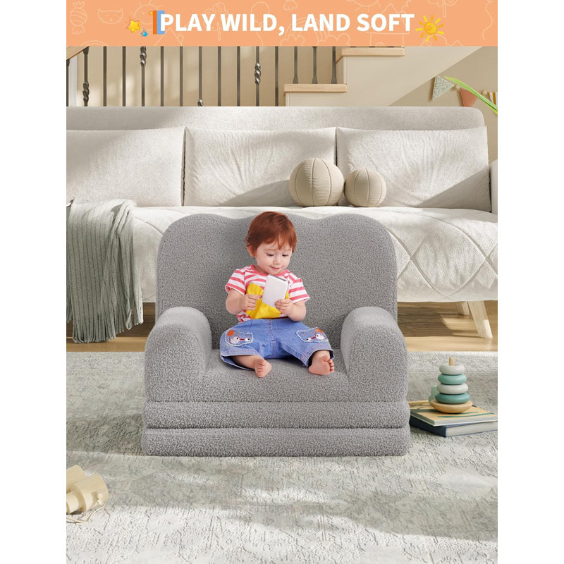 Couch, 2-in-1 Comfy Toddler Couch Fold Out, Convertible Sofa to Lounger Foam Chair with Soft Sherpa, Gift for You, Gray