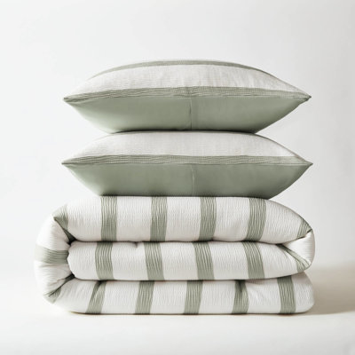 Édredon très grand / très grand avec rayures horizontales, effet froissé doux, confort toute l'année, envers en microfibre, style sauge 3 pièces facile d'entretien, chaleur toutes saisons, standard, lavable à la machine