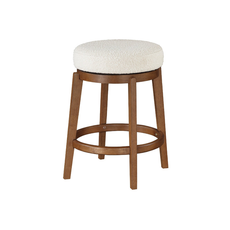 Lex Swivel Counter Stool, 27 Inch Backless, White Boucle, Brown Legs, Counter Stool (26.5" Seat Height)