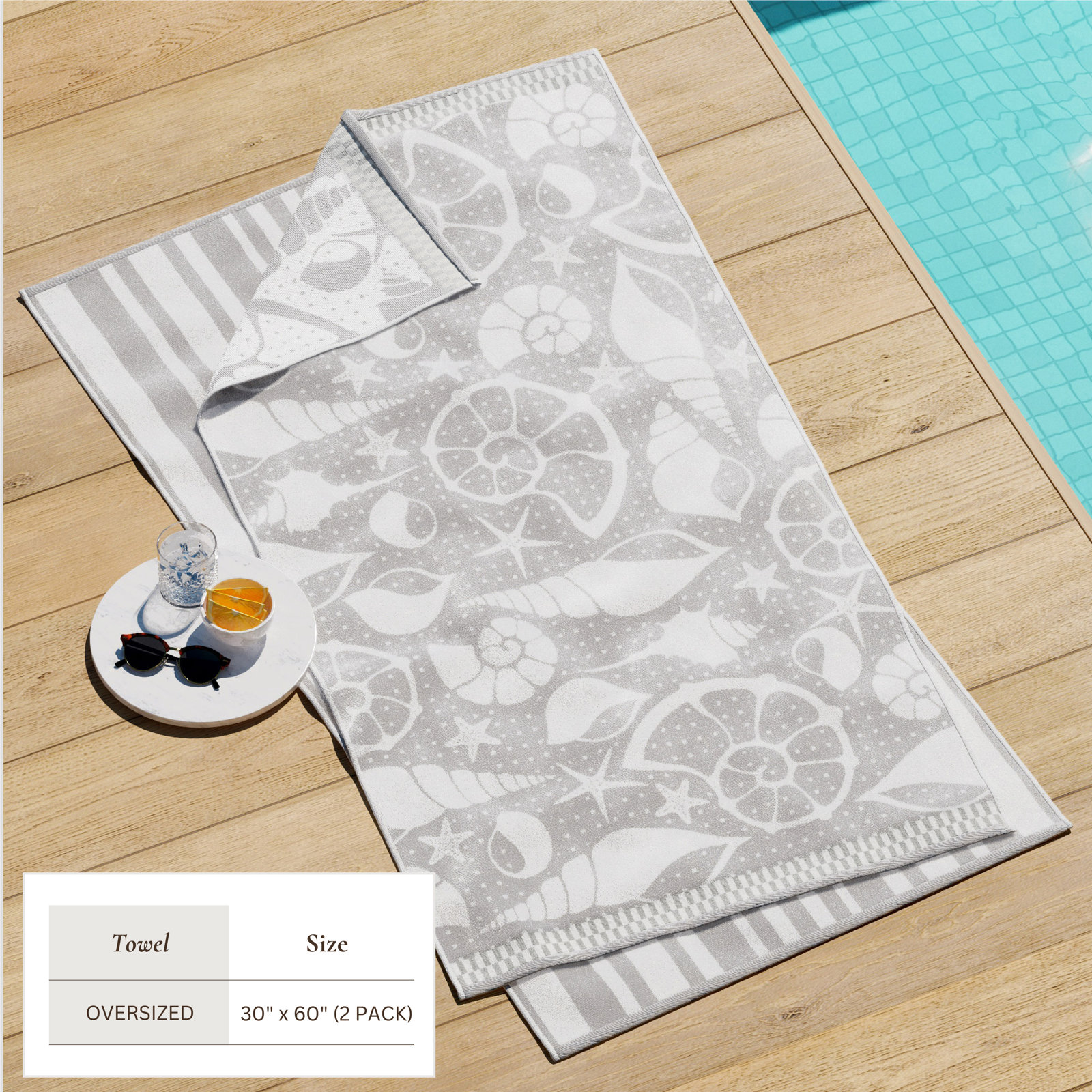 2-Piece Jacquard Cotton Beach Towel Set, Grey/White Seashells / Stripe