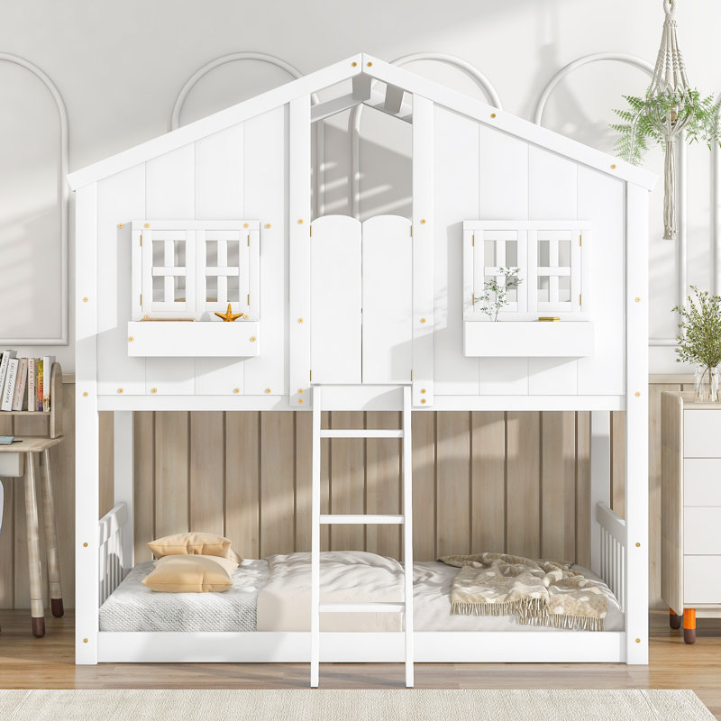 White Twin Over Twin House Bunk Bed Window Door Ladder, White