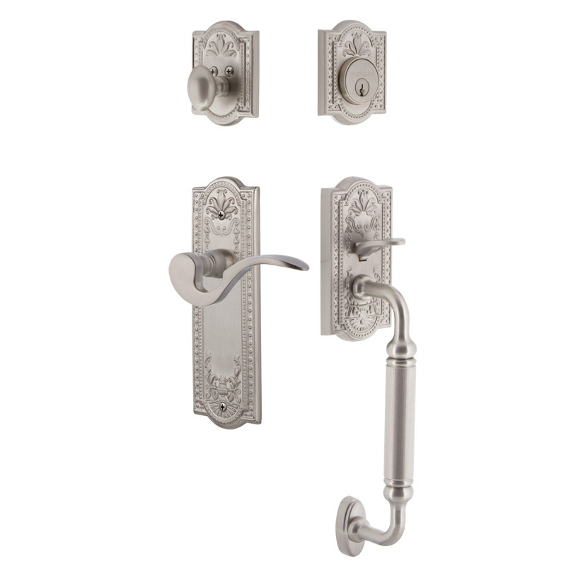 Nostalgic Warehouse Meadows Plate C Grip Handleset with Single Cylinder Deadbolt and Manor Lever, Satin Nickel, 2 3/4", Right