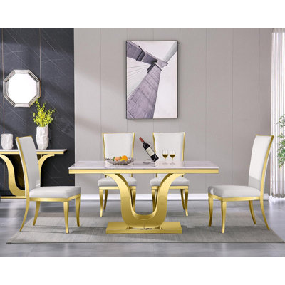 Glam 5 Piece White And Gold Dining Table Set With 4 White Velvet Dining Chairs
