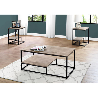 Ensemble moderne de 3 pièces : table basse et 2 tables d'appoint, fini stratifié taupe, détails en métal noir, idéal pour le salon. Comprend une table basse, des tables d'appoint et une tablette surélevée.