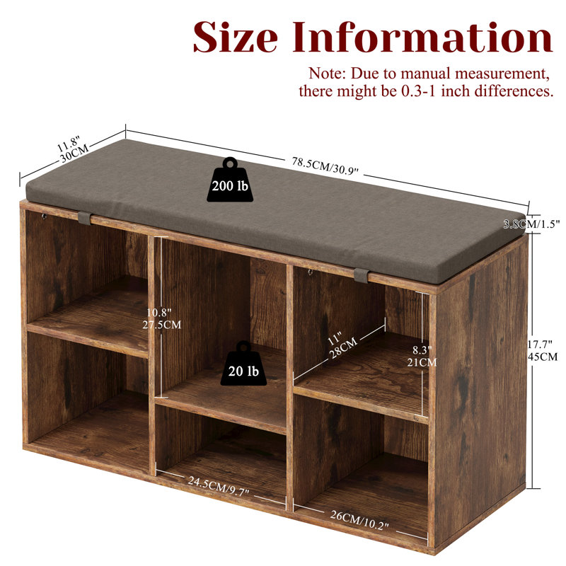 6 Pair Shoe Storage Bench with cushion, Brown
