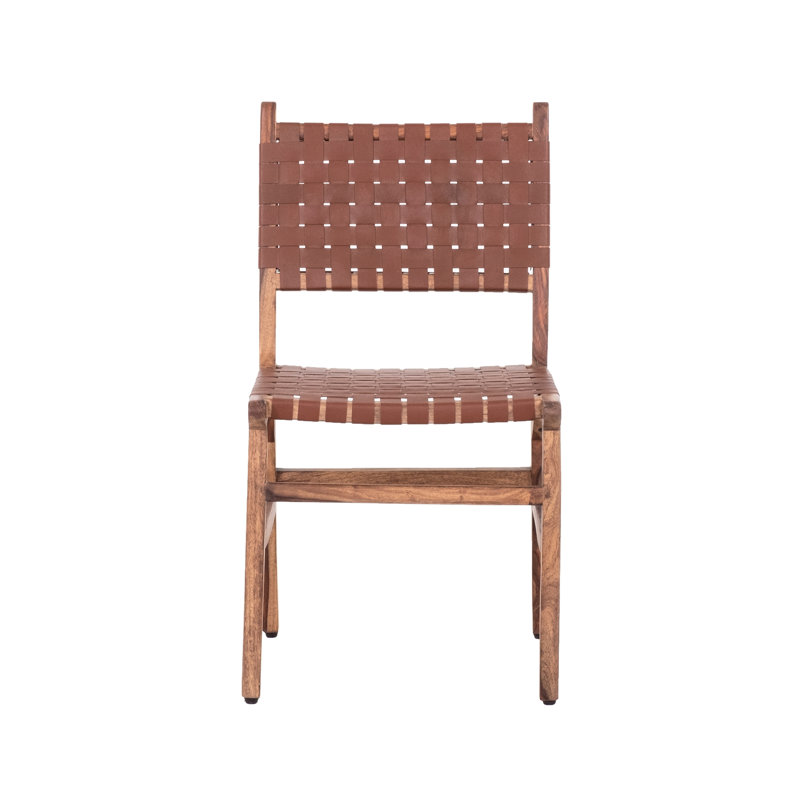 2 chaises de salle à manger rustiques brunes, dossier en cuir tissé, bois franc de 2 sièges, fabrication, finition