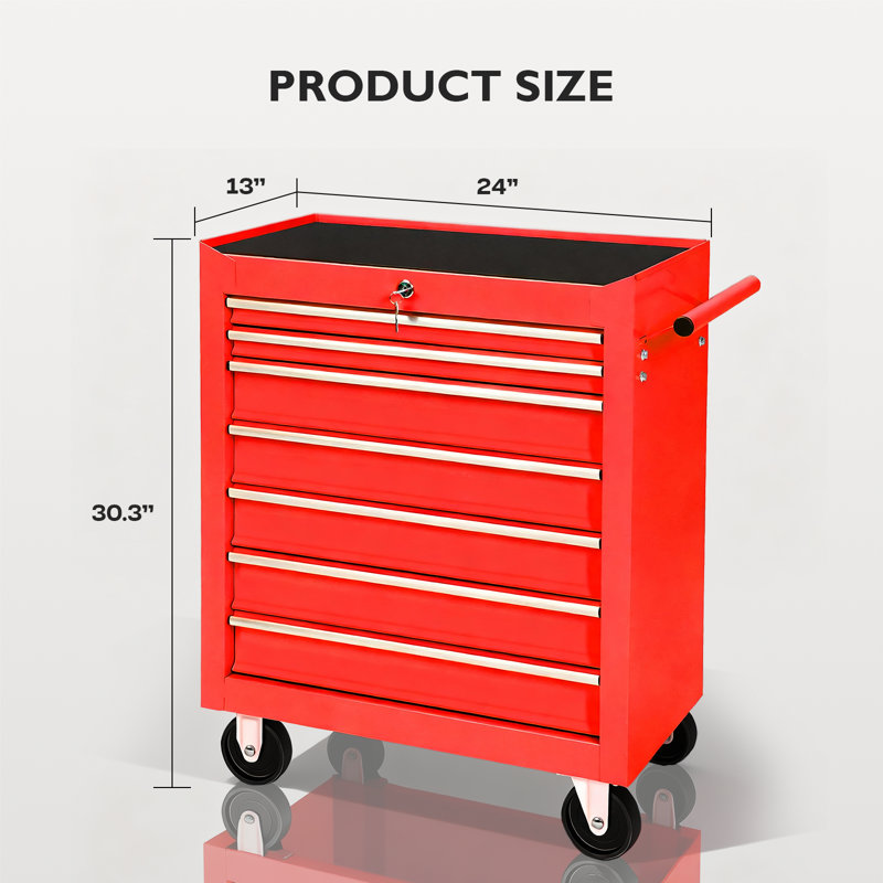 Coffre à outils à 7 tiroirs avec serrure, chariot de rangement pour chariot à outils avec roulettes et poignée, Rouge