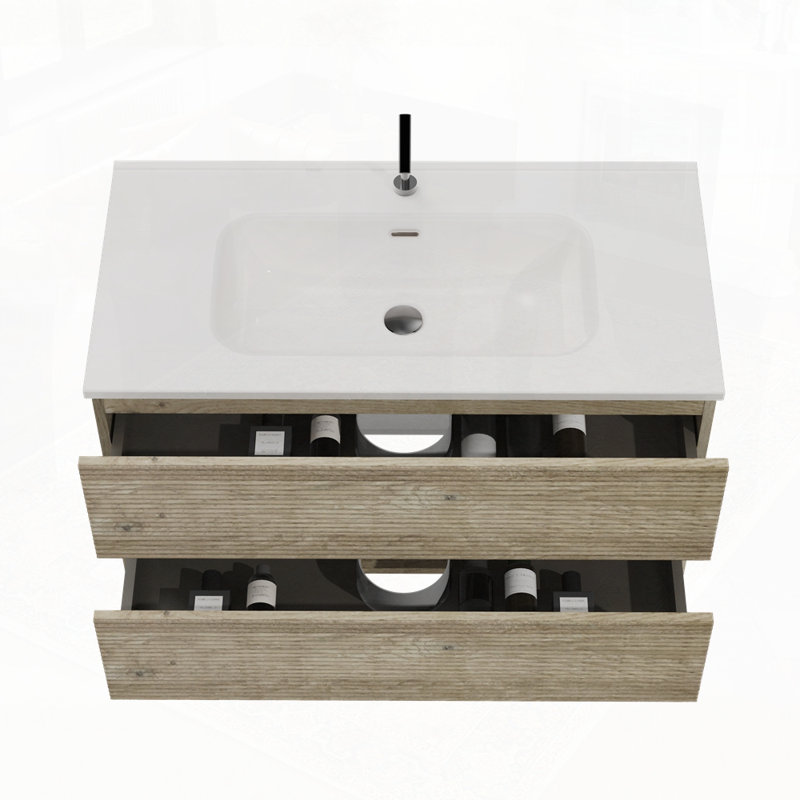 Meuble-lavabo mural avec lavabo en céramique intégré et trop-plein, Chêne