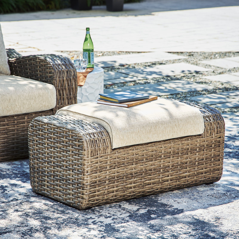 Beige Resin Wicker Outdoor Ottoman with Cushion