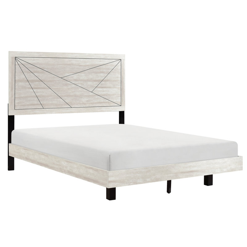 Lit grand format contemporain avec finition en chêne gris poussiéreux et tête de lit à motif de lignes, Queen