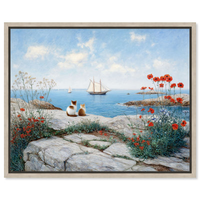 «Cats Coastal View», impression sur toile encadrée par Art Remedy, cadre en chêne naturel, 36 x 30