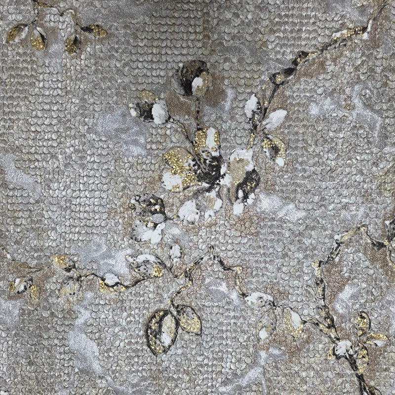 Papier peint avec branches de fleurs texturées, taupe grise et bronze