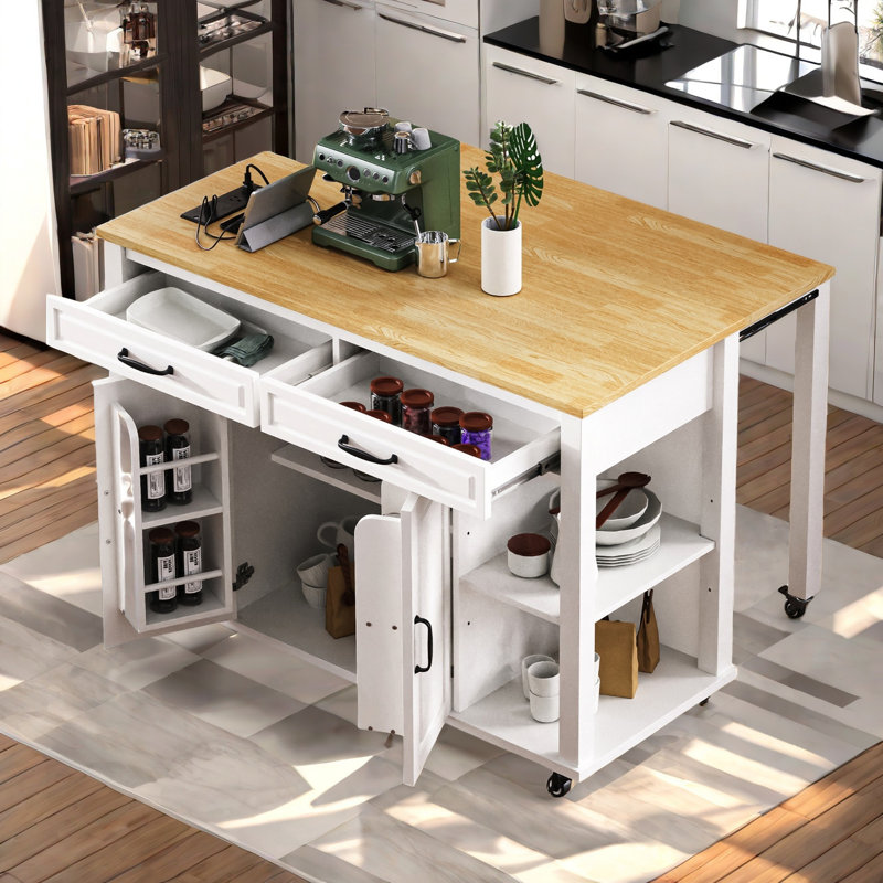 Kitchen Island with Extendable Dining Table, White