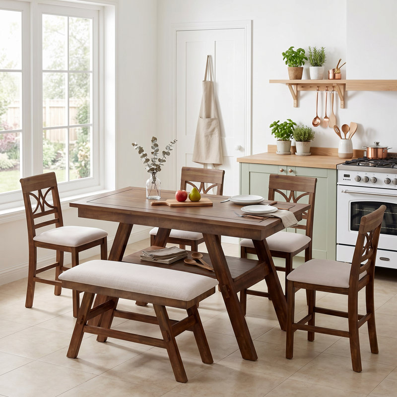 Ensemble de table de salle à manger 60 pièces en bois 60 po avec tablette de rangement et banc pour repas de cuisine élégants
