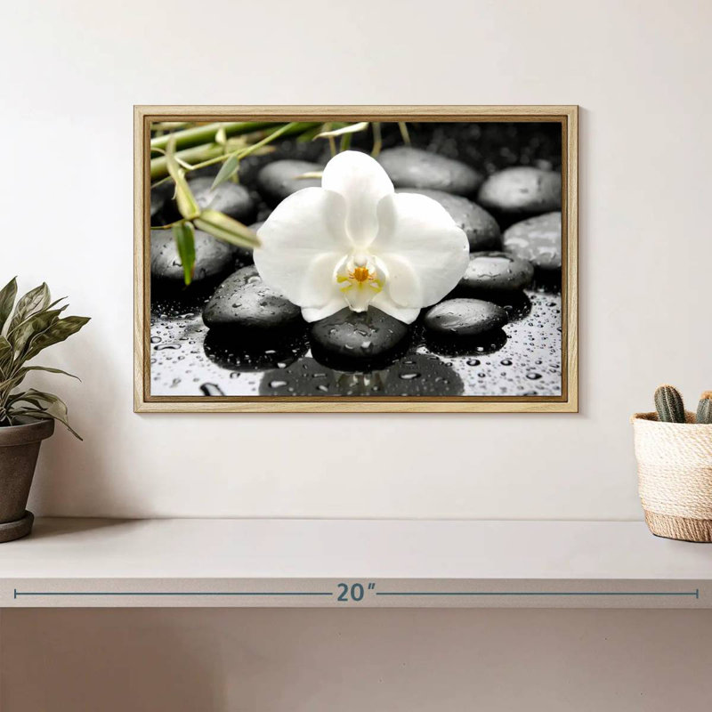 Orchidée blanche, 13 po x 9 po, Cadre flottant en bois naturel