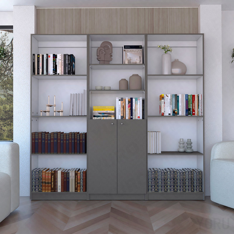 Ensemble de bibliothèque 74 pièces 3 pièces, 11 tablettes, 2 portes pour salon gris mat / blanc