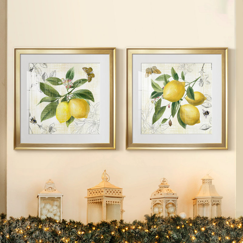 Linen Lemons I - ensemble de 2 impressions, Papier encadré doré, H 17,5 po x l 35 po x P 1,5 po, Blanc