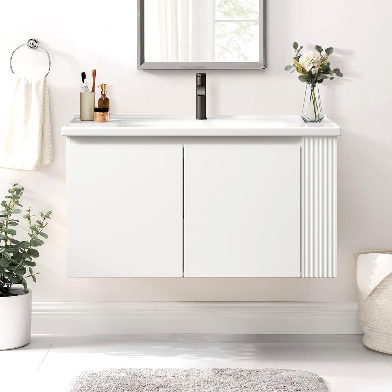 Wall-mounted Floating Bathroom Vanity With Ceramic Sink,free-handle Design,side Open Shelves