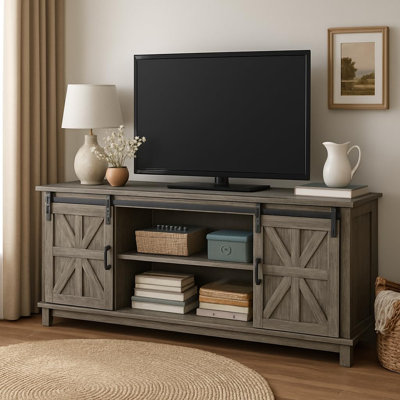 66" Farmhouse TV Stand for 75" Television, Rustic Wood Entertainment Centre with Storage and Sliding Barn Doors, Adjustable Shelf Media TV Console Table for Living Room, Oak
