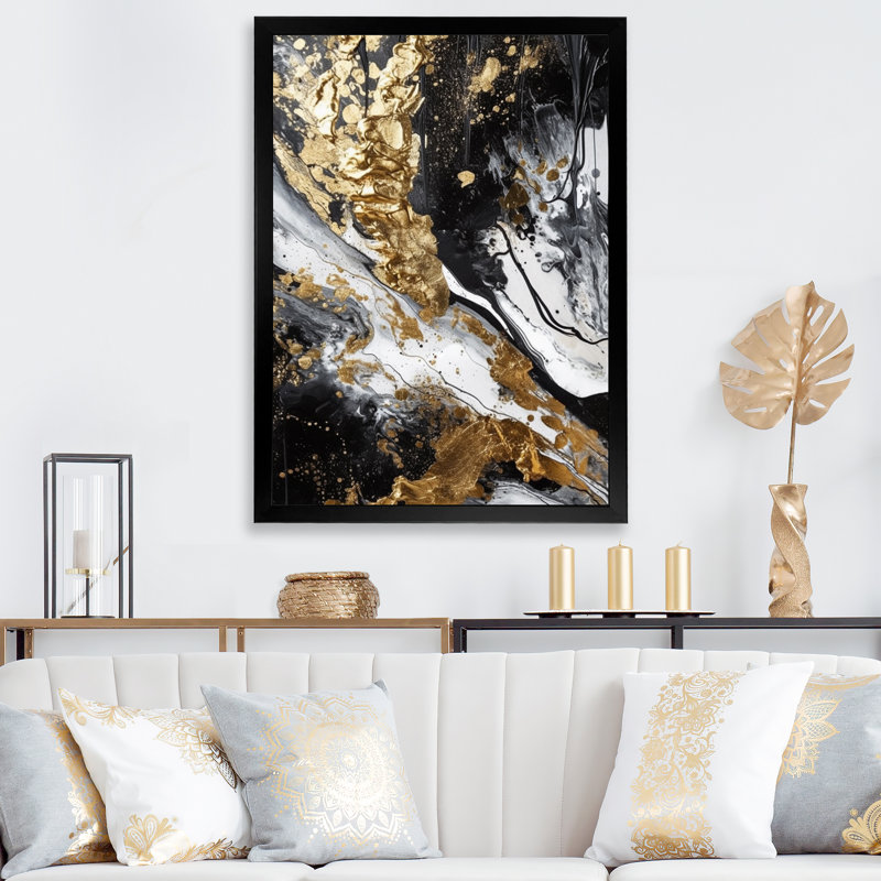 «River Happiness Abstract Gold Black White», reproduction d'art sur toile, H 40 po x l 30 po, Cadre photo noir