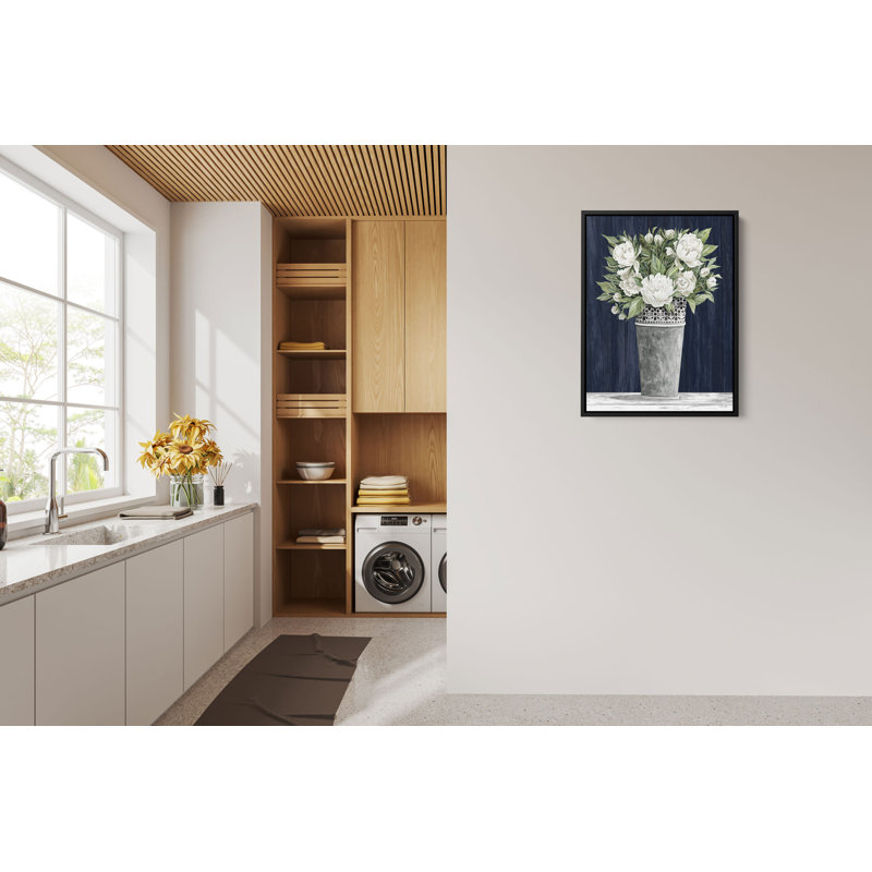 «Punched Tin White Floral» par Cindy Jacobs, reproduction d'art sur toile blanche et bleue, Toile encadrée noire