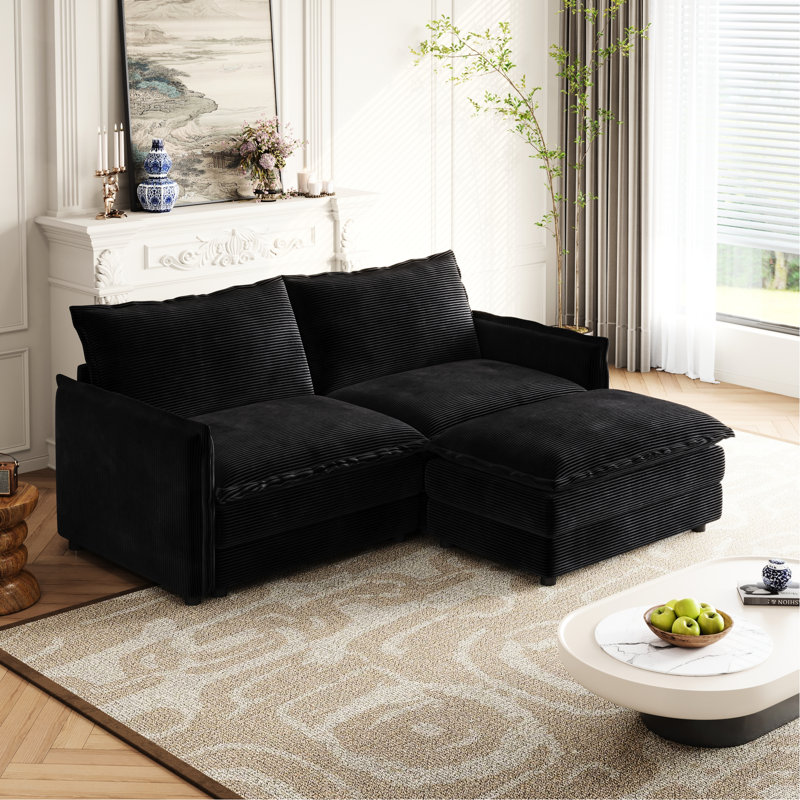 Velours côtelé avec repose-pieds Ackman, 2, H 33 po x l 75 po x P 58 po, Noir