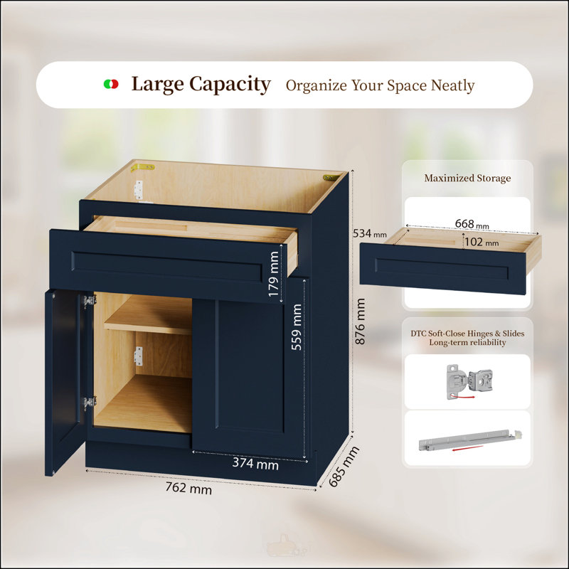 Armoire de base bleu marine Shaker avec porte et tiroir à fermeture en douceur, unité en bois massif compact pour la cuisine et la salle de bain