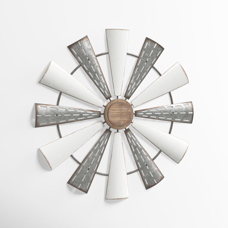 White Metal Windmill Home Wall Decor with Galvanized Metal Accents