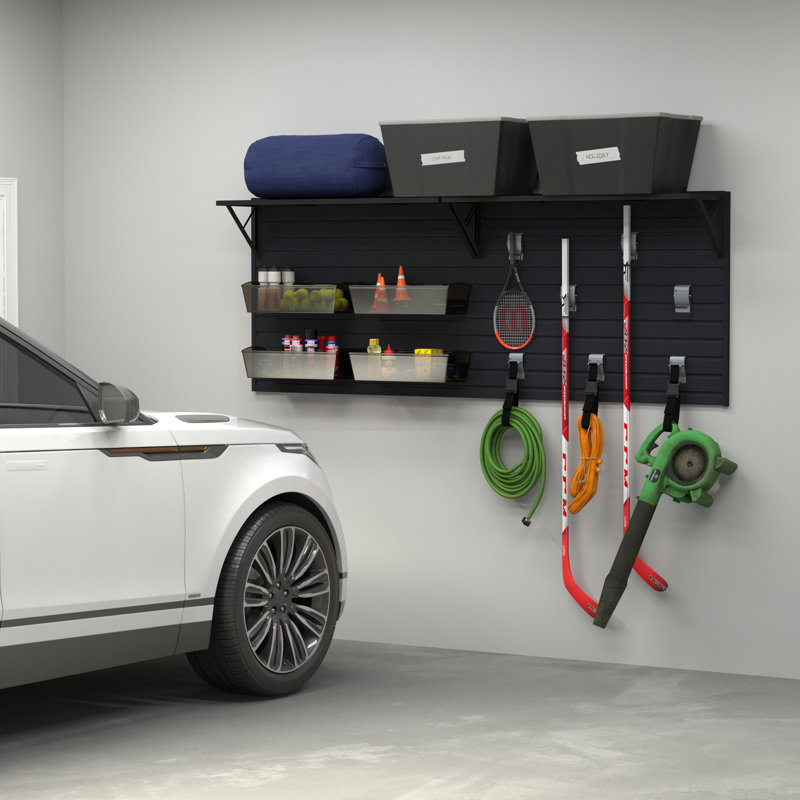 Flow Wall 14 Piece Slatwall Panel, Heavy Duty Shelf, Bin & Hook Storage Set - Slatwall, Black