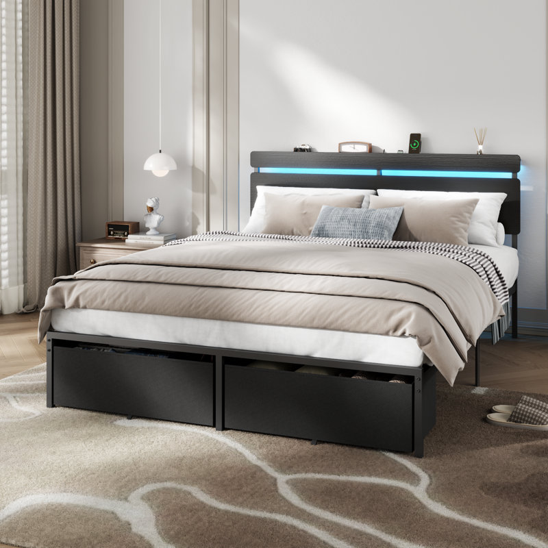 Queen Bed with 2 Drawers and Open Storage Headboard, Adjustable LED Light and Charging Station, No Box Spring Needed, Black